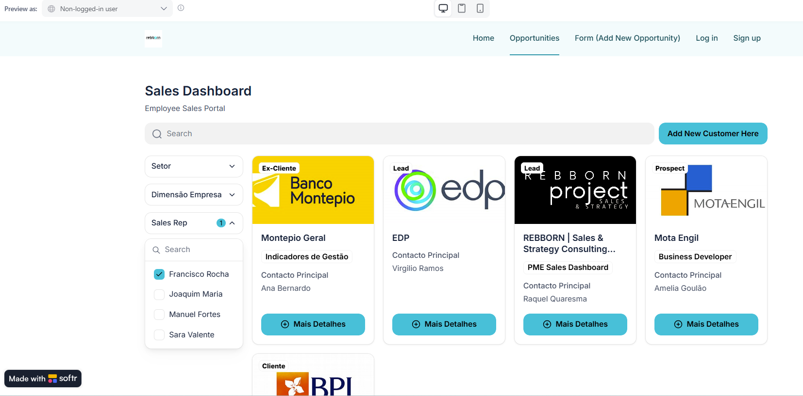 Softr Sales Dashboard — filters by sector, company size and sales rep.