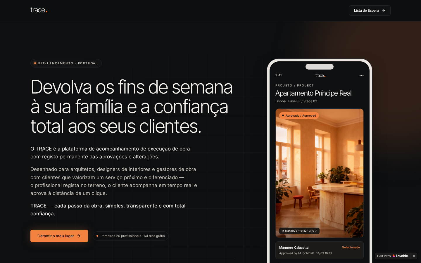 TRACE landing page — bilingual platform for construction professionals and clients.